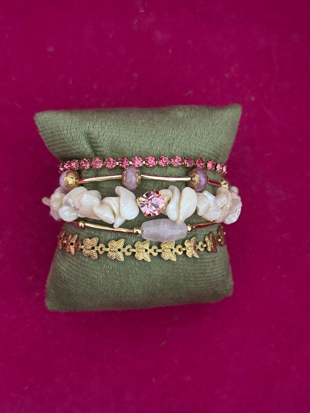 GWB Rosé - Rose Quartz & Swarovski Chain Bracelet Stack