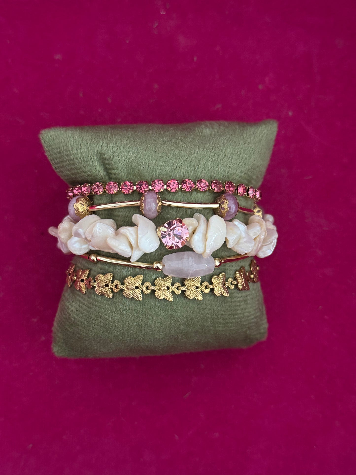 GWB Rosé - Rose Quartz & Swarovski Chain Bracelet Stack